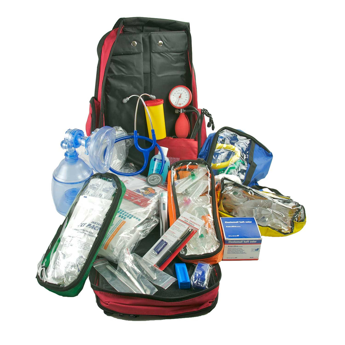 Notfallrucksack, gefüllt mit Markenartikeln